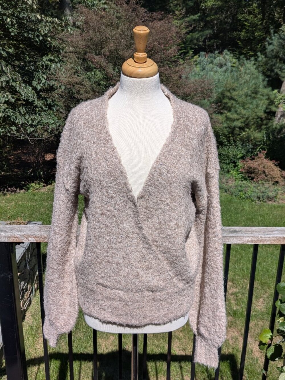 ASTR The Label Beige Boucle Sweater Tan Textured V-Neck Wrap Front